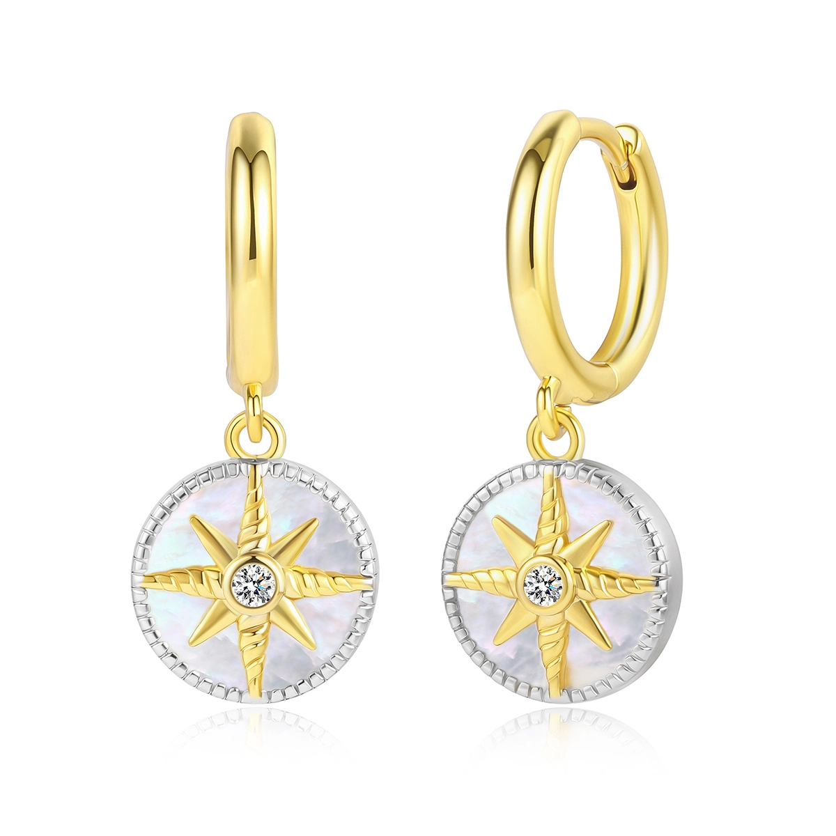 Brass Mother of Pearl Compass Huggie Drop Earrings | 14K 18K Gold Plated Hypoallergenic Jewelry