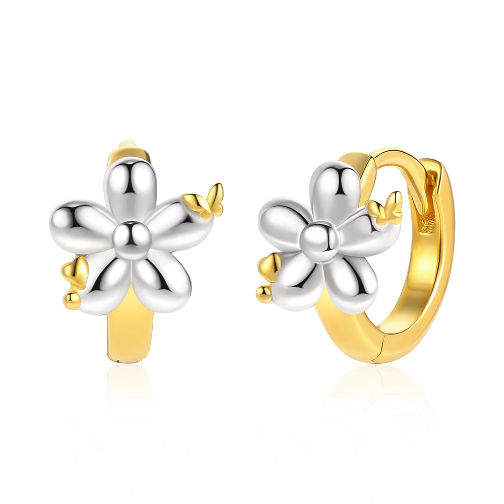 925 Sterling Silver Two Tone Flower Huggie Earrings Wholesale